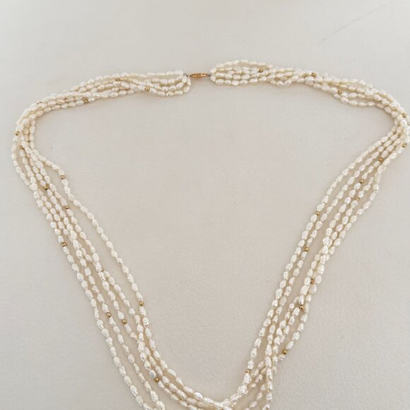 VINTAGE 5 STRAND FRESHWATER RICE PEARL NECKLACE 14K GOLD FILGREE CLASP 31" OPERA - Picture 7 of 8